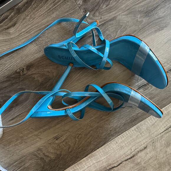 SCHUTZ Cloe Vinyl Strappy Heels – Blue Patent, Clear Strap, Size 10B Womens - Picture 5 of 8